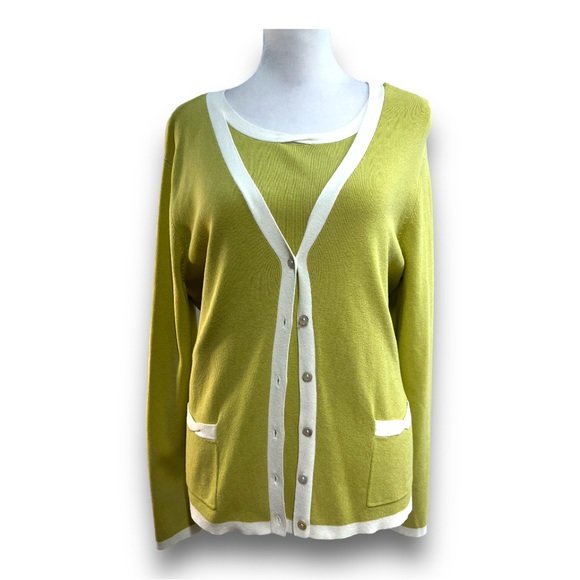CHARTER CLUB Vintage Y2K Olive green white trim cardigan and tank top SZ L - Picture 14 of 16